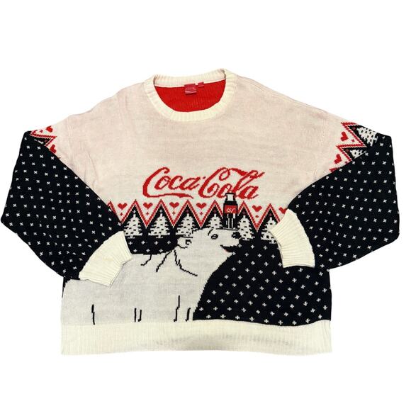 Coca Cola Polar Bear Holiday Sweater Women 3X Black Red White Christmas Knit - Picture 1 of 7